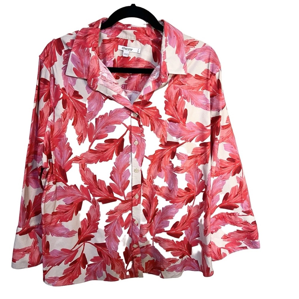 Chico’s 4 Sz 20 Button Up Shirt Tan Pink Red Botanical Floral Cotton Stretch